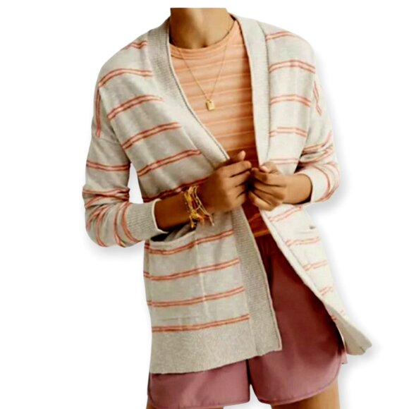 Madewell Bradley Beige Coral Striped Pocket Cardigan Sweater Size Large - Picture 13 of 13